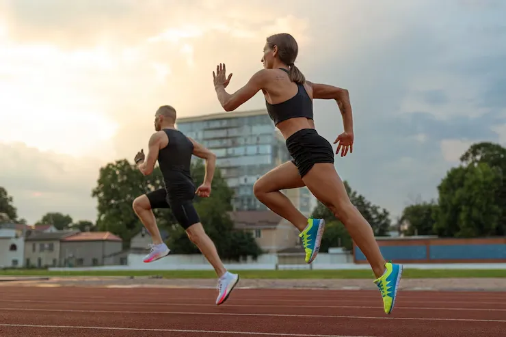 Pessoas correndo em uma pista de atletismo