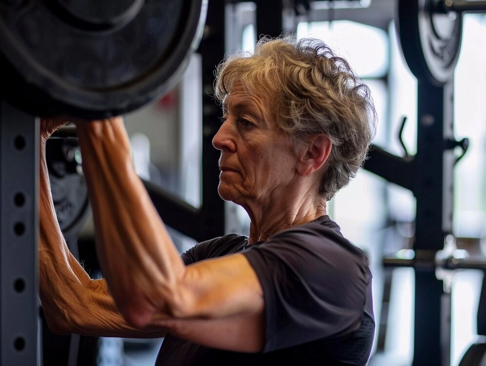 Mulher idosa praticando treinamento em musculação